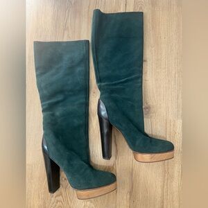 Marni Dark Green Suede Knee-High Platform Boots Chunky Heel EU 39